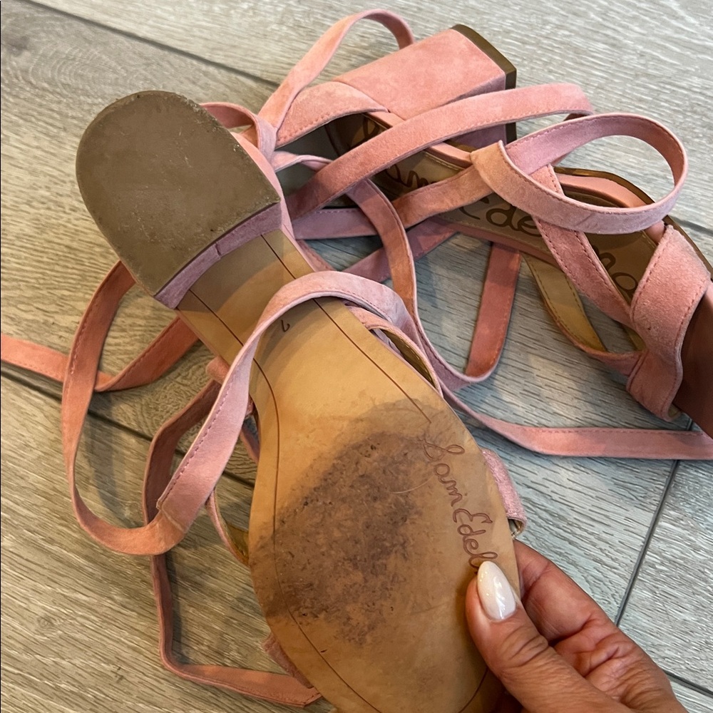 Sam Edelman Pink Suede ankle lace up low heel block heel Sandals size 7 - Picture 9 of 11